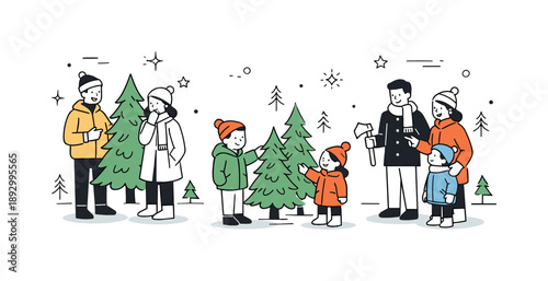 Christmas Tree Shopping. Christmas tree shopping. Adults and children looking at trees and sharing opinions. Warm seasonal tradition and family interaction