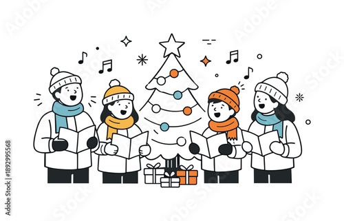 Cozy Carol Singers. Singing Christmas carols outdoors. People singing near a simple Christmas tree with scarves and winter hats. Cozy winter mood and friendly