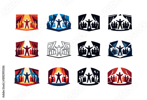 Dramatic Stage Icons. A dramatic reveal of an actor?s performance on stage, with a full cast behind them. Icon set. Set Logo of dramatic stage performance