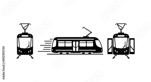 Set of modern tram icons showing front, side, and open door views