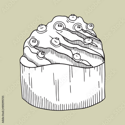Hand-drawn illustration of Easter cake with berries in graphic detailed sketch style on olive background