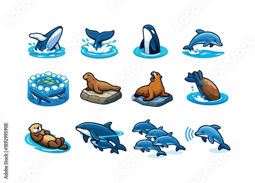 Marine Mammal Behaviors. marine mammal behaviors. Colorful isometric vector icons set of marine mammal behaviors: breaching whale, tail slap, spyhop,