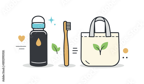 Zero Waste Essentials. Zero waste essentials. A small set of eco-friendly products placed side by side, reusable bottle, bamboo toothbrush, and cloth bag.