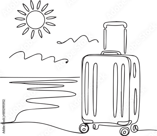 A lone suitcase stands ready for travel by the serene beach at sunrise