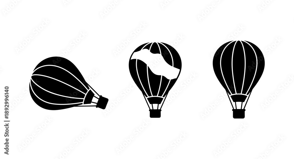 Obraz premium Collection of three black hot air balloon icons on a white background