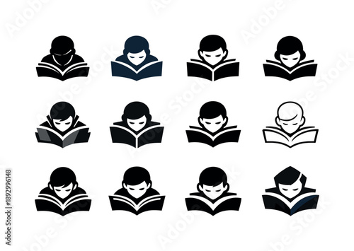 Quiet Study Icons. Students studying in quiet study areas. Icon set. Set Logo of Students studying in quiet study areas: open book and focused face. harmonious