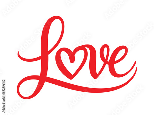 Red cursive word Love with heart symbol text