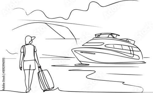 A woman stands on the dock with a suitcase, looking out at a yacht in the marina from a distant viewpoint.
