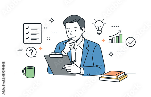 Thoughtful Interview Assessment. Job interview assessment. Interviewer taking notes while evaluating answers thoughtfully. Quiet concentration and structured