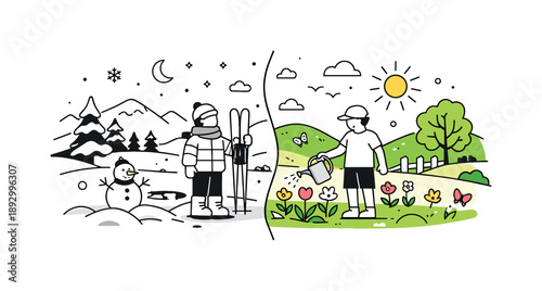 Seasonal Contrast Art. Seasonal Split Backgrounds. Horizontal split design with winter landscape on one half and blooming greenery on the other. Soft editorial