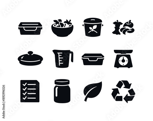 Low-Waste Cooking Icons. Low-Waste Cooking Practices. Solid icon set of Low-Waste Cooking Practices: reusable container, food scraps bowl, compost bin,