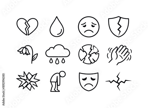 Emotional Icon Set. Emotional hurt. Line icon set of Emotional hurt: broken heart, teardrop, sad face, cracked shield, wilted flower, heavy cloud, splintered