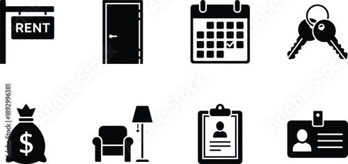 Real estate rental icon set with rent sign, door, calendar, keys, money, furniture, tenant ID, housing management vector symbols