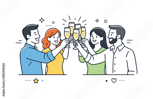 Champagne Celebration Friends. Cheering with champagne. Adult friends raising champagne glasses together and smiling. Festive celebration and shared success