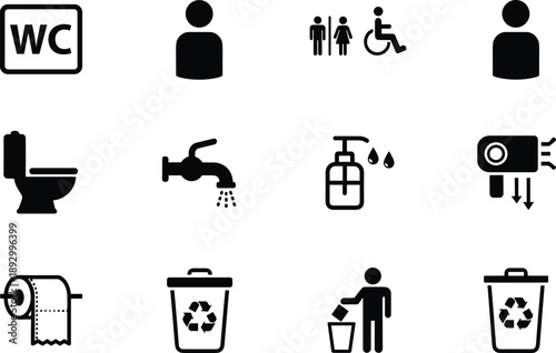 Restroom icons set, toilet, sink, soap, hand dryer, recycle bin, accessibility, bathroom signage, hygiene symbols, vector silhouette pack black pictograms