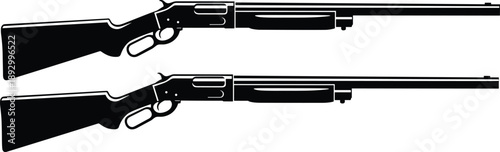 Shotgun silhouette illustration featuring classic pump action hunting firearms in black vector style for shooting sports, defense, and design