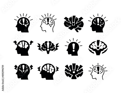 Stress Reaction Icons. How our body reacts to stress. Icon set. Set Logo of How our body reacts to stress: nervous system alert signal. harmonious logo