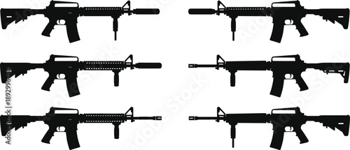 Tactical assault rifle silhouette set featuring suppressed carbines in multiple angles, black vector style for military, security, combat, and graphic design