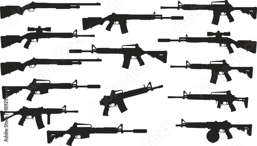 Tactical firearm silhouette collection featuring assault rifles, carbines, shotguns, and suppressed weapons in black vector style for military, security, and graphic design