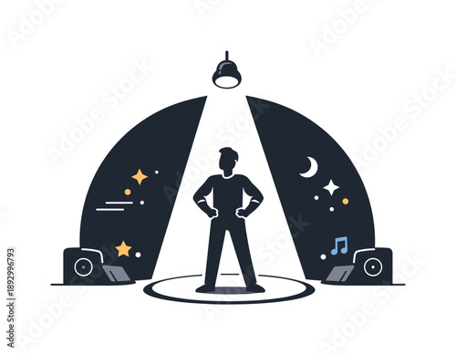Spotlight Performer. Spotlight shining on stage. A performer standing confidently under a spotlight, the rest of the stage softly fading into darkness. The