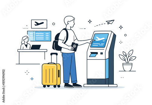 Effortless Airport Check-In. Airport travelers checking in. Person interacting with a self-service kiosk while holding a passport and suitcase. Organized