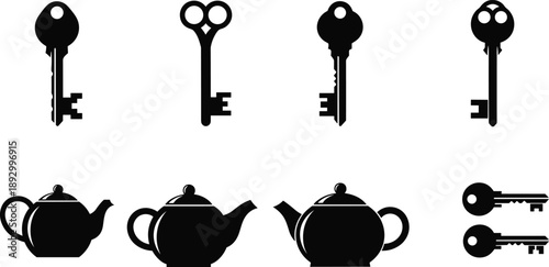Vintage key and teapot silhouette icon set, black locksmith keys and classic teapots isolated on white background for design projects