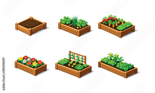 Garden Planter Icons. GardenBoxes. Isometric flat vector icons set of garden boxes: soil-filled planter box, herb planter box, vegetable planter bed, flower