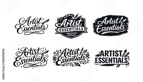 Diverse Lettering Styles. Artist essentials lettering. Set lettering. harmonious lettering variations of the same emblematic concept, each with different