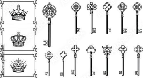Vintage ornate skeleton keys and royal crowns collection, medieval antique lock symbols, luxury heraldic design elements, classic engraving vector illustration set