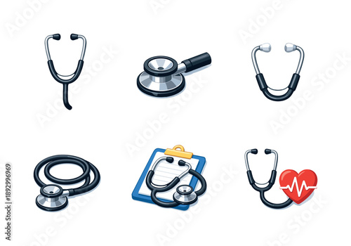 Isometric Stethoscope Icons. Stethoscope. Isometric flat vector icons set of stethoscope: classic stethoscope front view, stethoscope with chest piece detail,