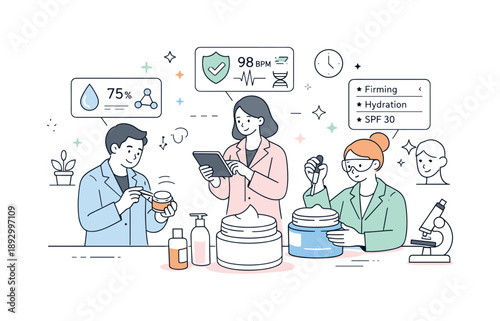 Innovative Anti-Aging Lab. Anti-aging skincare tech lab. In a bright editorial stock style, scientists in soft pastel lab coats test smart anti-aging creams