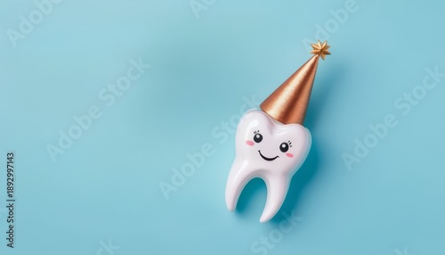 Cute smiling tooth character in a festive gold party hat on a blue background