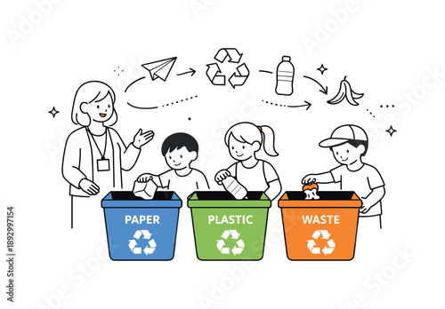 School Recycling Education. School recycling program. Students placing items into labeled bins with guidance from a teacher or volunteer, abstract floating