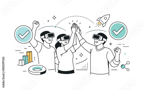 Virtual Reality Triumph. Virtual reality team success. Team celebrating progress with virtual checkmarks and abstract tech shapes around. Innovation,