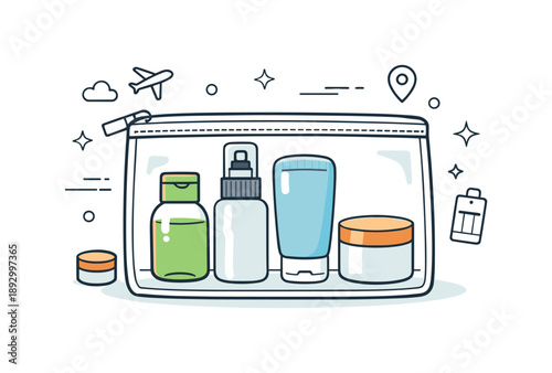 Travel Toiletry Essentials. Carry-on toiletry bottles. Small containers placed inside an open transparent pouch, showing readiness for flight. Calm, practical