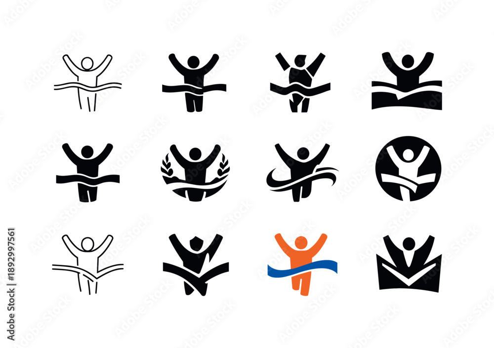 Fototapeta premium Challenge Emblem Set. Overcoming challenge. Icon set. Set Logo of overcoming challenge: person crossing finish line with arms raised. harmonious logo