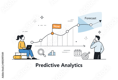 Predictive Data Visualization. Predictive analytics. An abstract editorial scene where data points connect into smooth curves, forming a forecast path. The