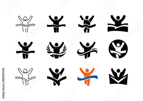 Challenge Emblem Set. Overcoming challenge. Icon set. Set Logo of overcoming challenge: person crossing finish line with arms raised. harmonious logo