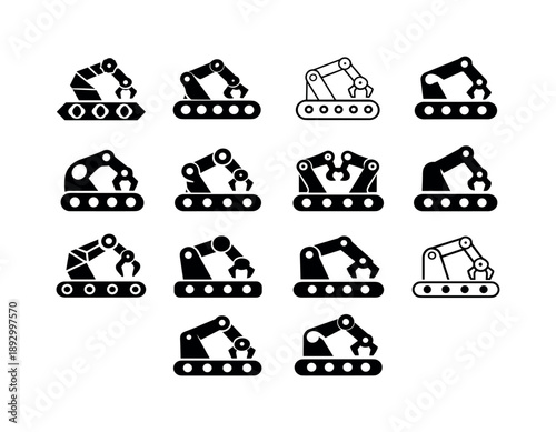 Industrial Robotics Icons. Robotics in manufacturing and industrial applications. Icon set. Set Logo of robotics in manufacturing and industrial applications: