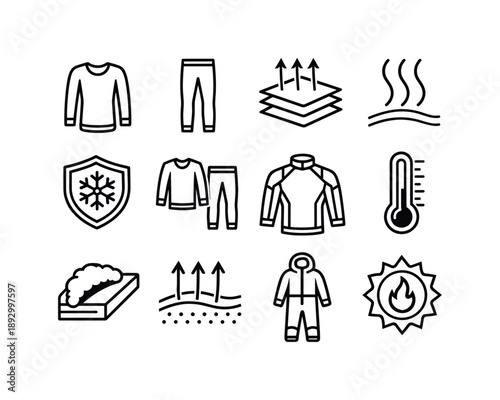 Thermal Wear Icons. Thermal Performance Wear. Line icon set of Thermal Performance Wear: thermal top, thermal leggings, insulation layers, heat retention