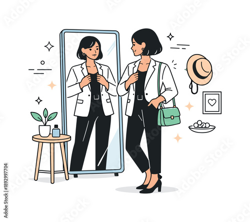 Elegant Mirror Reflection. Chic outfits. A person standing in front of a mirror, adjusting details of a refined outfit, quiet confidence and self-expression.