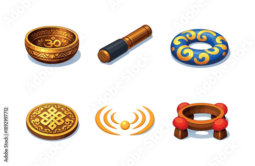 Tibetan Bowl Icons. Tibetan Bowl. Isometric flat vector icons set of Tibetan Bowl: engraved singing bowl, carved wooden striker, silk cushion ring, etched