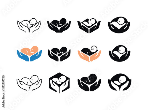 Newborn Care Icons. nurturing a newborn. Icon set. Set Logo of nurturing a newborn: baby cradled in hands. harmonious logo variations of the same emblematic