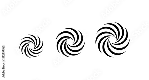 Three black swirling vortex shapes of increasing size on a white background