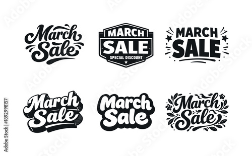 March Sale Lettering Variations. March Sale. Set lettering. harmonious lettering variations of the same emblematic concept, each with different artistic