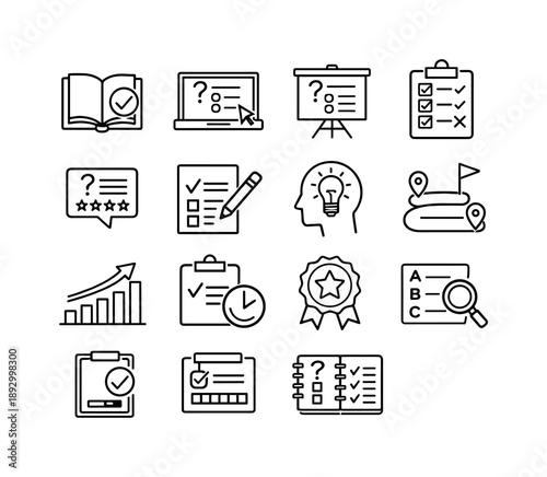 Quiz Learning Icons. Learning with Quizzes. Line icon set of Learning with Quizzes: book with checkmark, e-learning quiz, educational screen, question review,