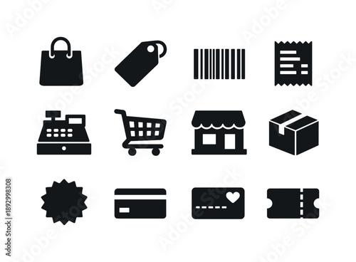 Retail Icons Set. Business-to-consumer (B2C) retail marketing. Solid icon set of retail basics: shopping bag, price tag, barcode, receipt, cash register,