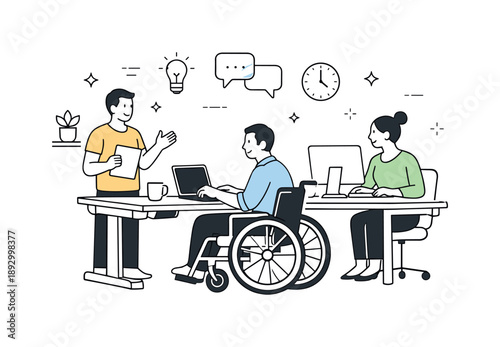 Inclusive Workspace Design. Wheelchair accessibility workplace. Employee in a wheelchair working at an accessible desk with colleagues nearby. Inclusive
