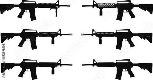 Assault rifle silhouette set featuring modern tactical firearms in multiple views, black vector icons for military, security, combat, and design