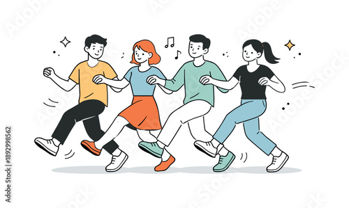 Joyful Synchronized Dancing. Joyful movement. A minimal scene showing people dancing together in sync, with smooth gestures and calm expressions. The